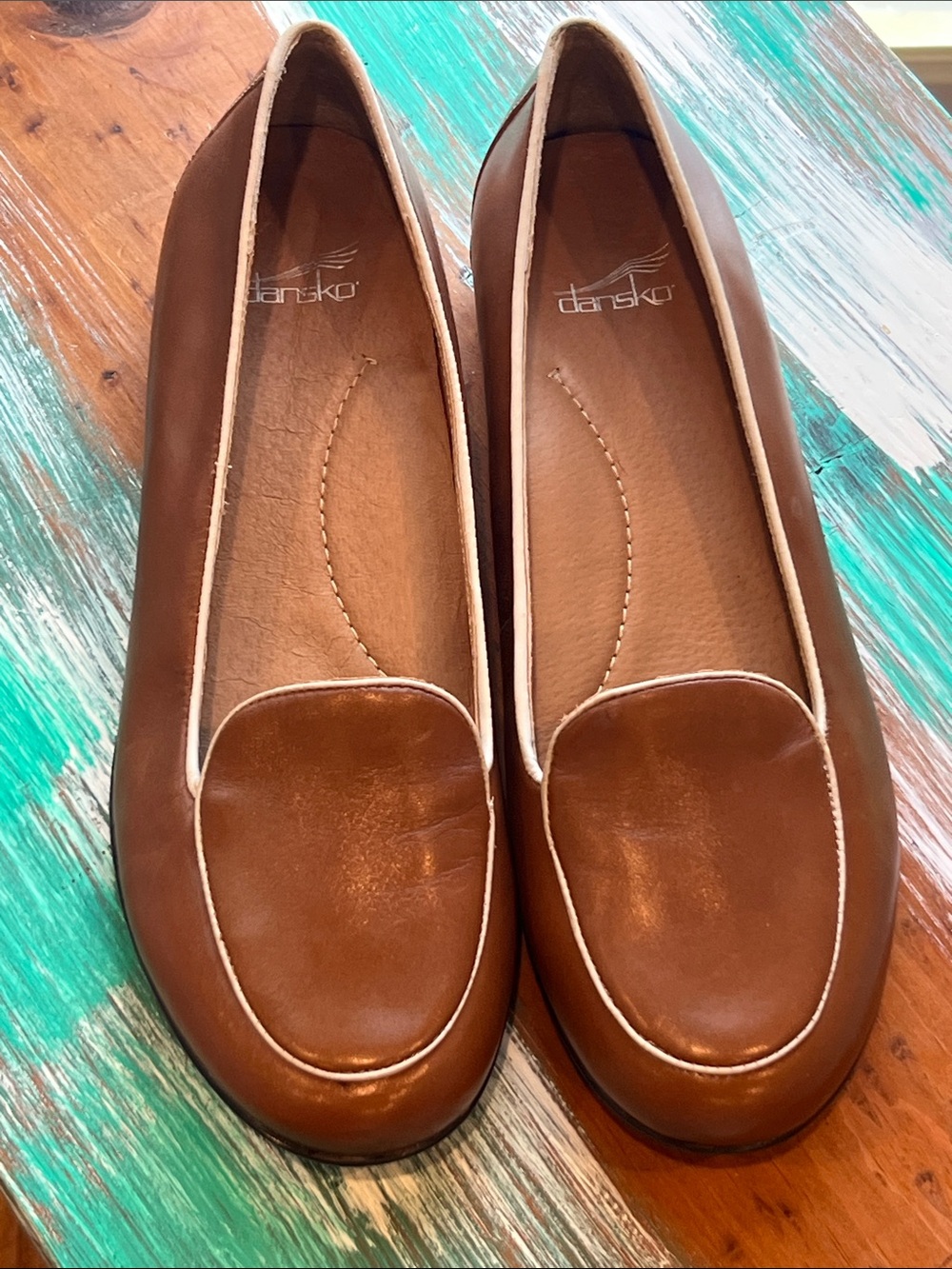Dansko Brown Leather Loafers with Cream Piping